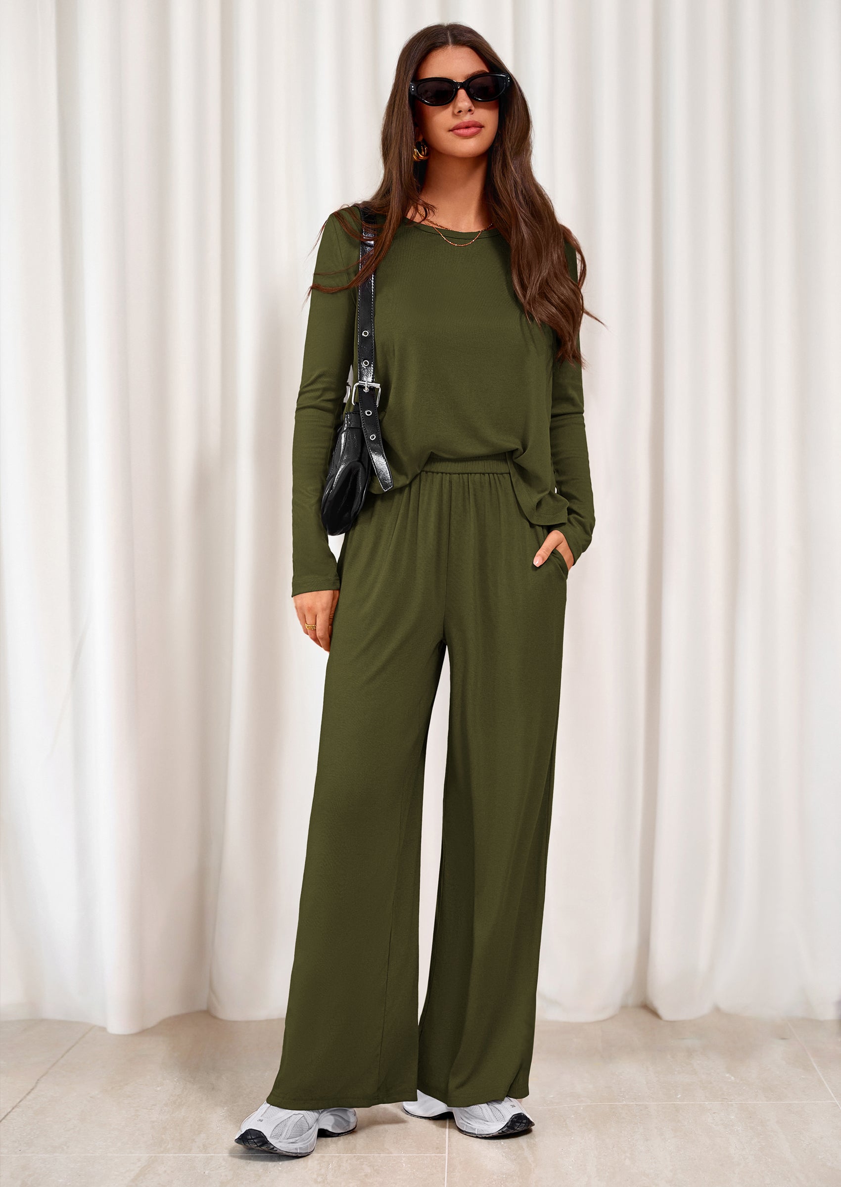 PRETTYGARDEN Women's 2 Piece Fall Sets  Casual Long Sleeve Shirts Wide Leg Pants Lounge Travel Outfits Fashion Clothing