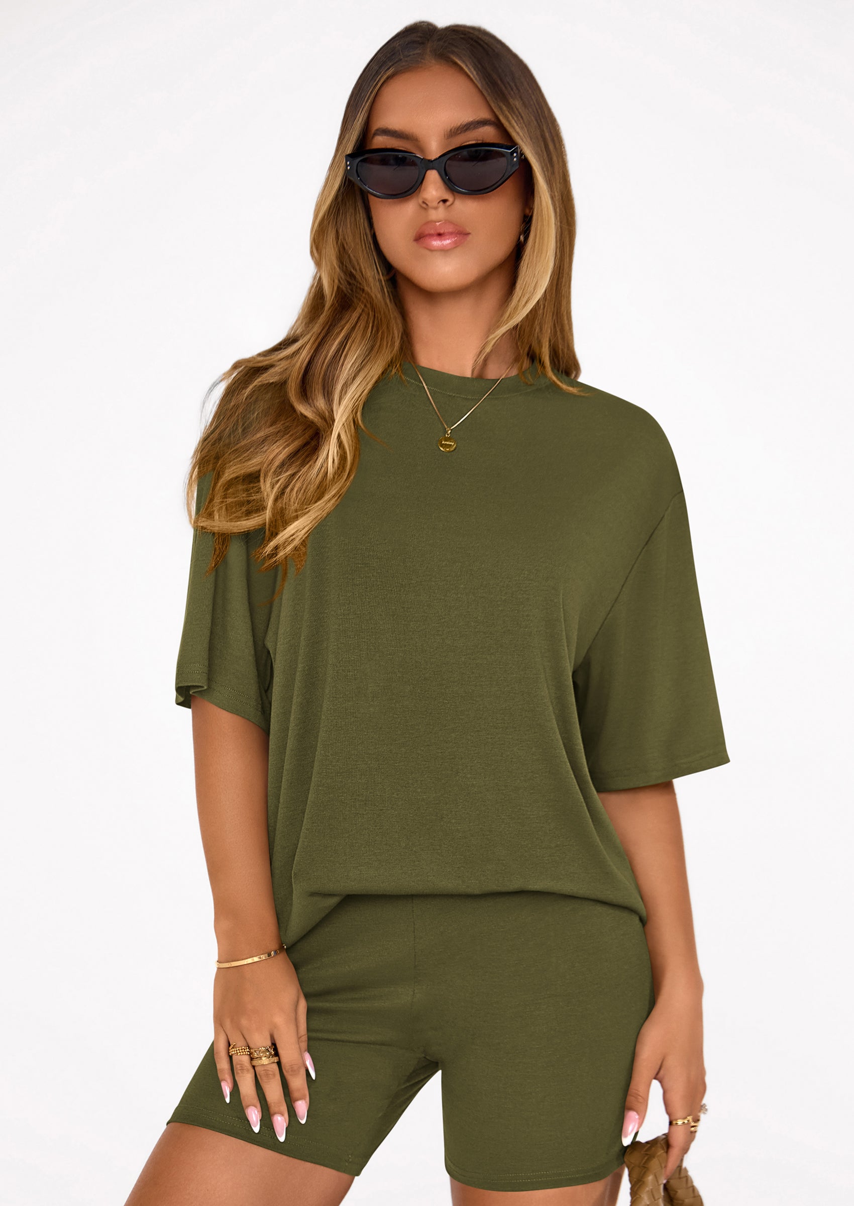 PRETTYGARDEN Women's Two Piece Matching Lounge Sets Summer Casual Tops Short Sleeve Shirts Shorts Travel Airport Outfits PRETTYGARDEN