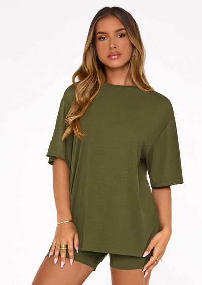 PRETTYGARDEN Women's Two Piece Matching Lounge Sets Summer Casual Tops Short Sleeve Shirts Shorts Travel Airport Outfits PRETTYGARDEN