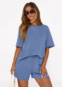 PRETTYGARDEN Women's 2 Piece Lounge Sets Short Sleeve Shirts Casual Tops Shorts Matching Clothing Summer Airport Outfits PRETTYGARDEN