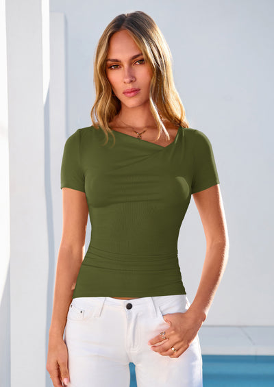 PRETTYGARDEN Women's Summer Asymmetrical Y2K Tops Trendy Ribbed Short Sleeve Fitted Tee Shirts Spring Fashion Clothing