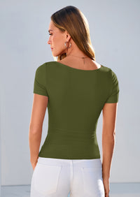 PRETTYGARDEN Women's Summer Asymmetrical Y2K Tops Trendy Ribbed Short Sleeve Fitted Tee Shirts Spring Fashion Clothing