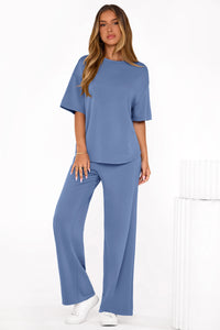 PRETTYGARDEN Women's Summer 2 Piece Lounge Set Short Sleeve Tops Wide Leg Pants Spring Vacation Travel Outfits Clothes PRETTYGARDEN