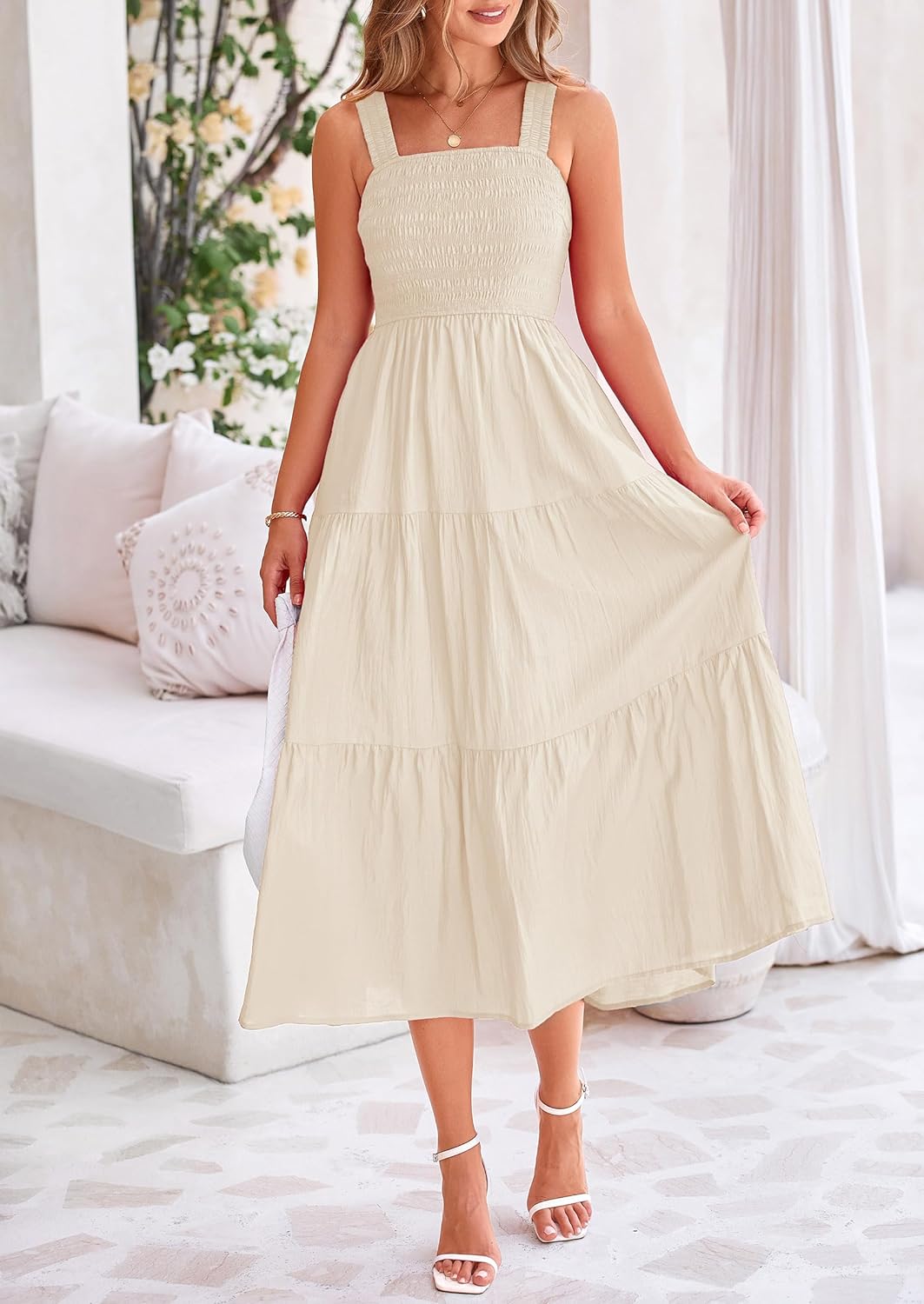 Womens Smocked Summer  Ruffle A Line Long Flowy Dresses Cute Sleeveless Beach Sundress Midi Dress