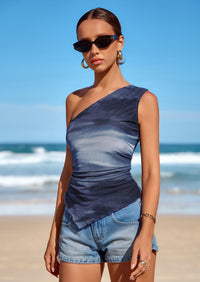 PRETTYGARDEN Women's Floral Mesh Tops Summer Asymmetrical One Shoulder Sleeveless Ruched Shirts Spring Going Out Clothes PRETTYGARDEN