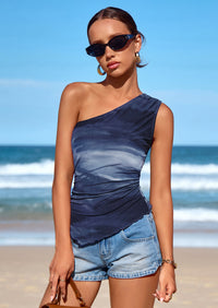 PRETTYGARDEN Women's Floral Mesh Tops Summer Asymmetrical One Shoulder Sleeveless Ruched Shirts Spring Going Out Clothes PRETTYGARDEN