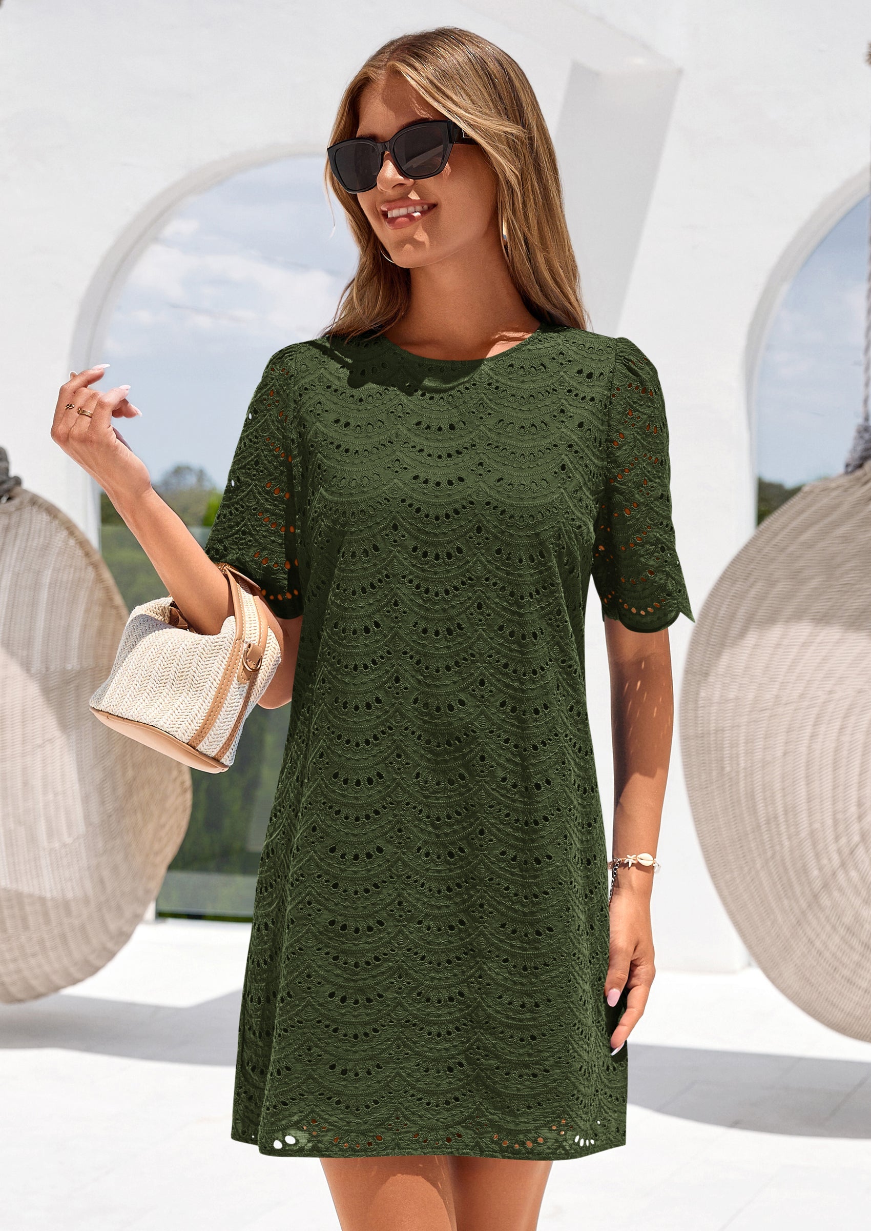 PRETTYGARDEN Women's Summer Casual Short Dresses Embroidered Lace Short Sleeve Boho Mini Dress Beach Vacation Clothes PRETTYGARDEN