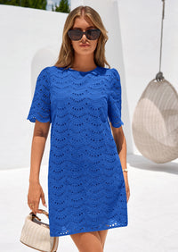 PRETTYGARDEN Women's Summer Casual Short Dresses Embroidered Lace Short Sleeve Boho Mini Dress Beach Vacation Clothes PRETTYGARDEN