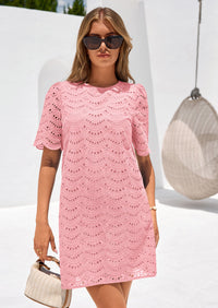 PRETTYGARDEN Women's Summer Casual Short Dresses Embroidered Lace Short Sleeve Boho Mini Dress Beach Vacation Clothes PRETTYGARDEN