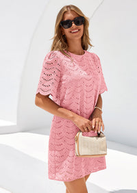 PRETTYGARDEN Women's Summer Casual Short Dresses Embroidered Lace Short Sleeve Boho Mini Dress Beach Vacation Clothes PRETTYGARDEN