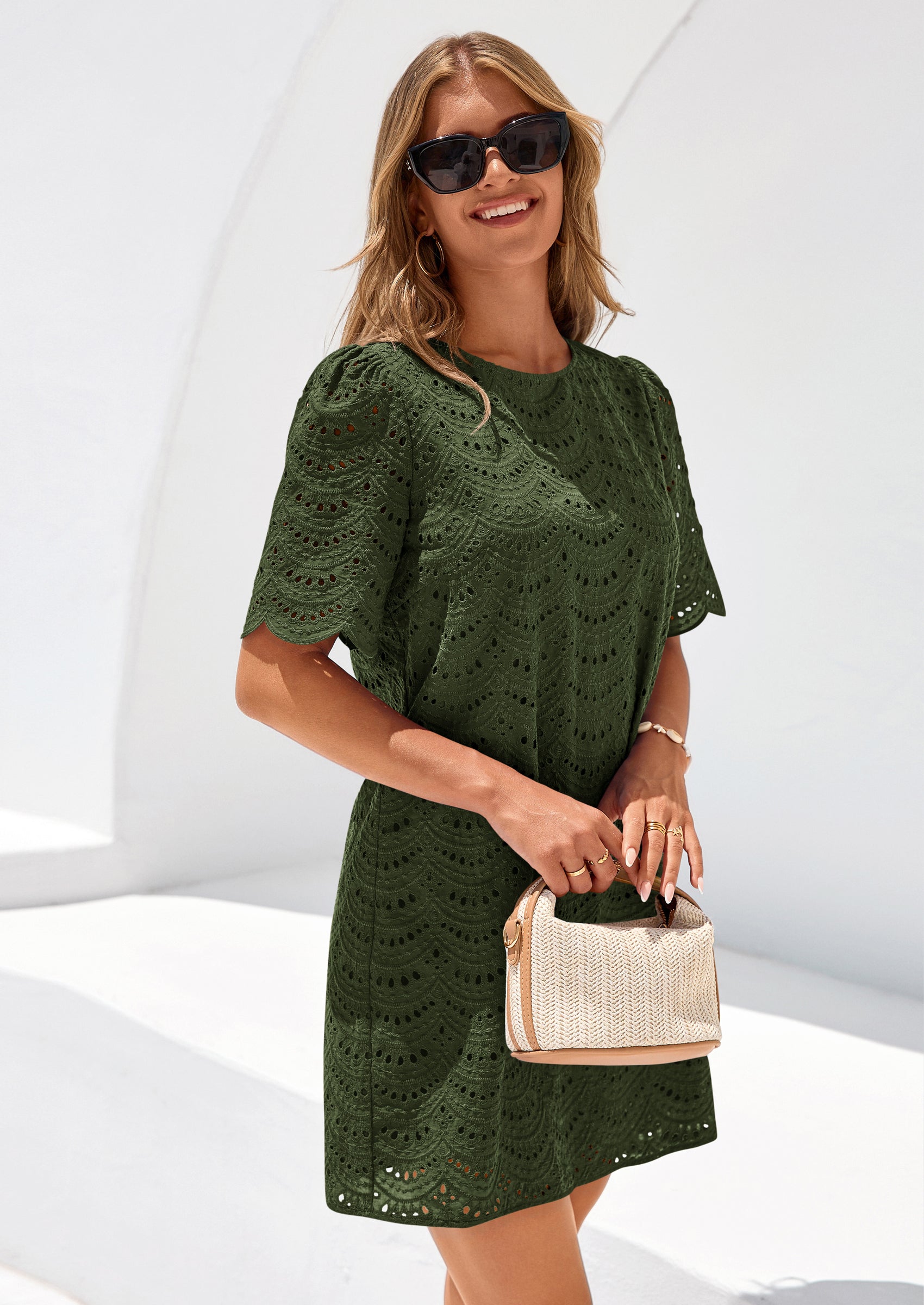 PRETTYGARDEN Women's Summer Casual Short Dresses Embroidered Lace Short Sleeve Boho Mini Dress Beach Vacation Clothes PRETTYGARDEN