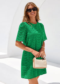 PRETTYGARDEN Women's Summer Casual Short Dresses Embroidered Lace Short Sleeve Boho Mini Dress Beach Vacation Clothes PRETTYGARDEN