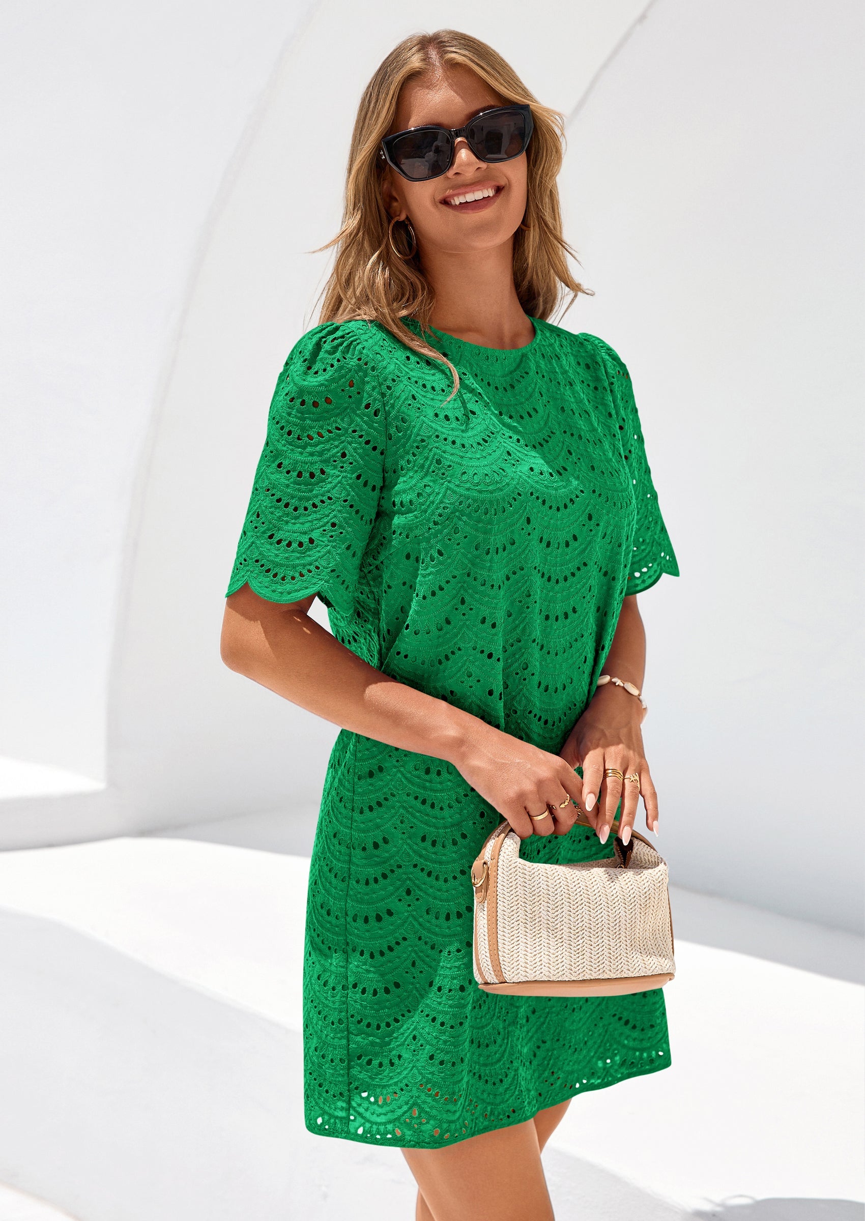 PRETTYGARDEN Women's Summer Casual Short Dresses Embroidered Lace Short Sleeve Boho Mini Dress Beach Vacation Clothes PRETTYGARDEN