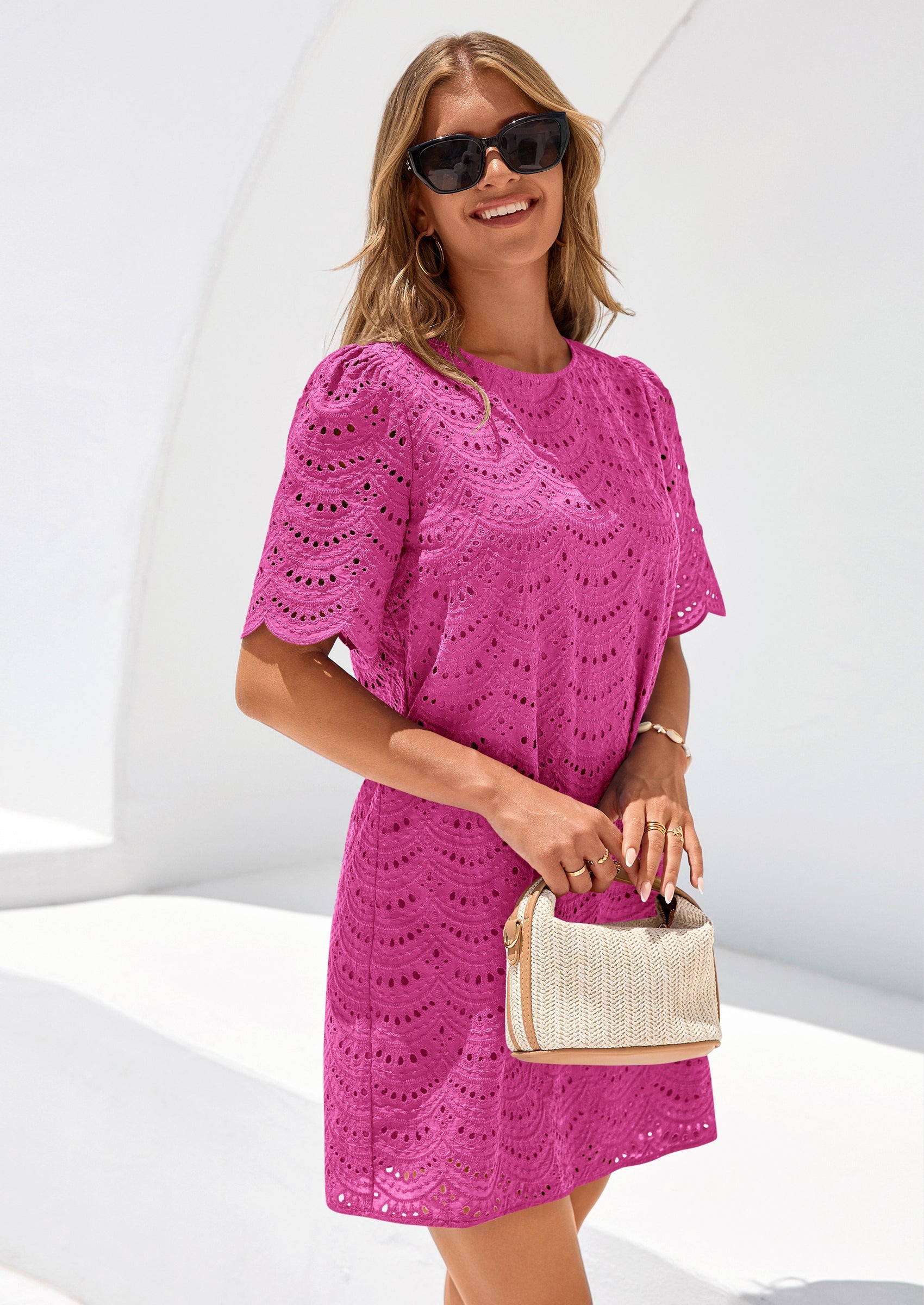 PRETTYGARDEN Women's Summer Casual Short Dresses Embroidered Lace Short Sleeve Boho Mini Dress Beach Vacation Clothes PRETTYGARDEN