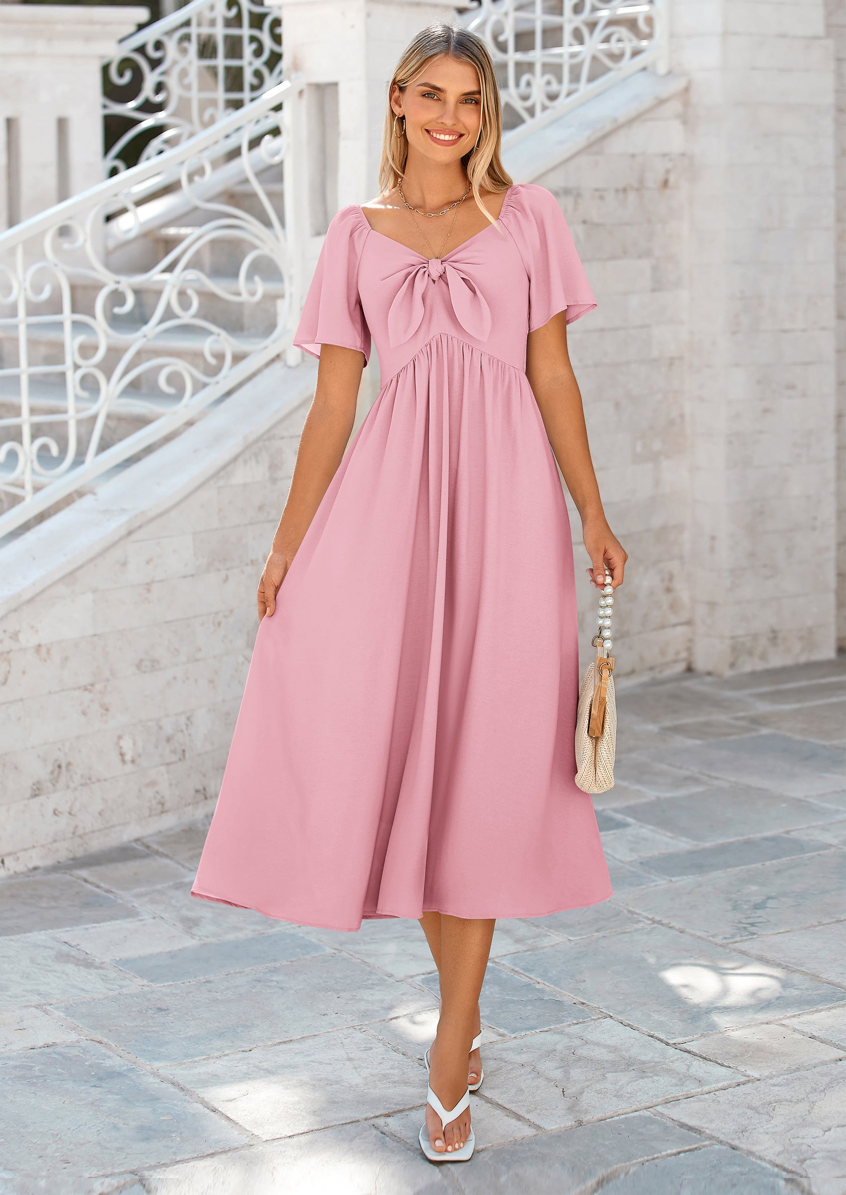 PRETTYGARDEN Summer Dress for Women Casual Short Sleeve Bow Tie V Neck Ruffle Midi Flowy Dresses