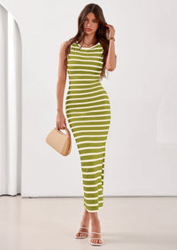 PRETTYGARDEN Sundresses for Women Summer Striped Knit Side Slit Spring Fashion Bodycon Maxi Dress Beach Vacation Clothes PRETTYGARDEN