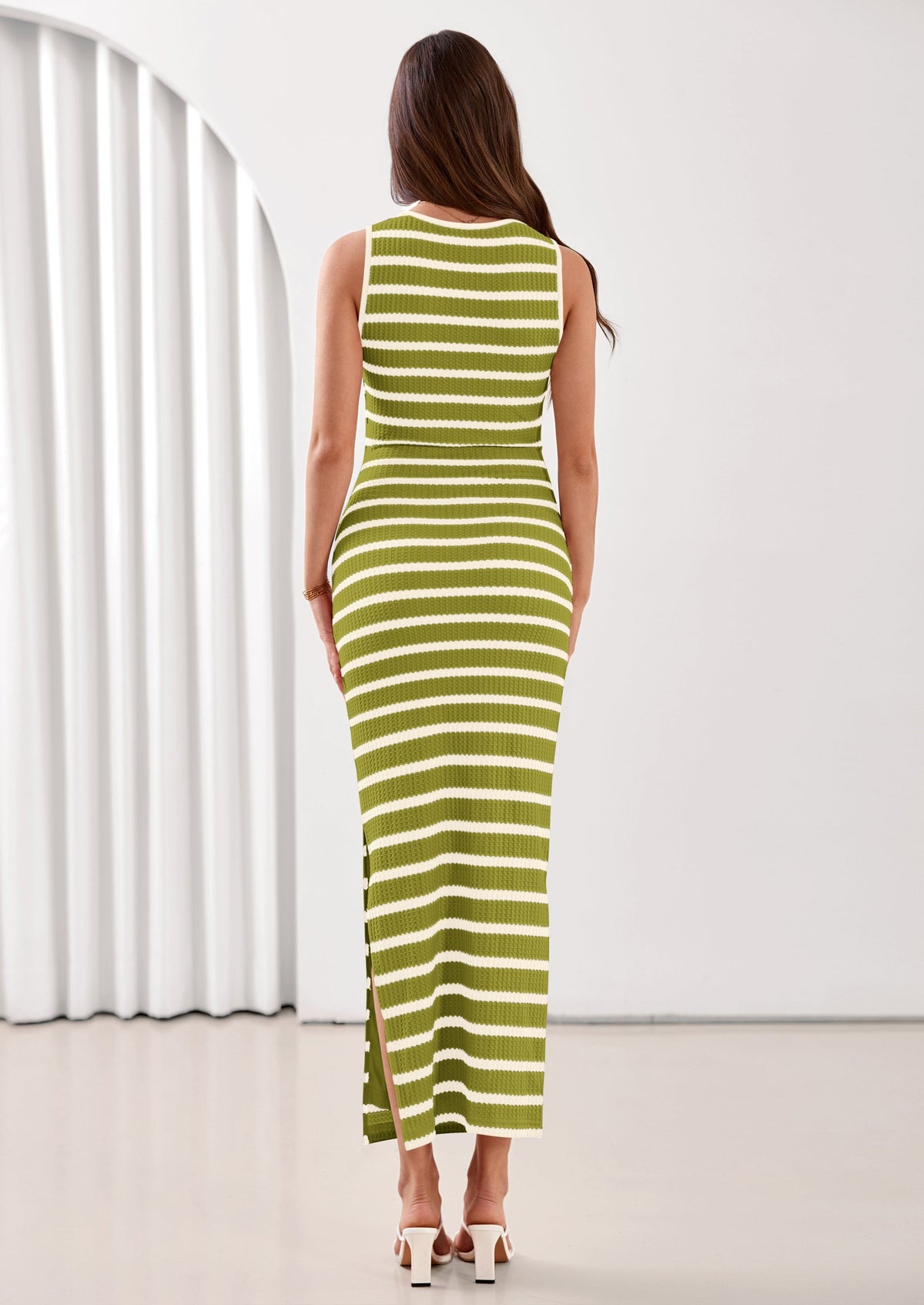 PRETTYGARDEN Sundresses for Women Summer Striped Knit Side Slit Spring Fashion Bodycon Maxi Dress Beach Vacation Clothes PRETTYGARDEN