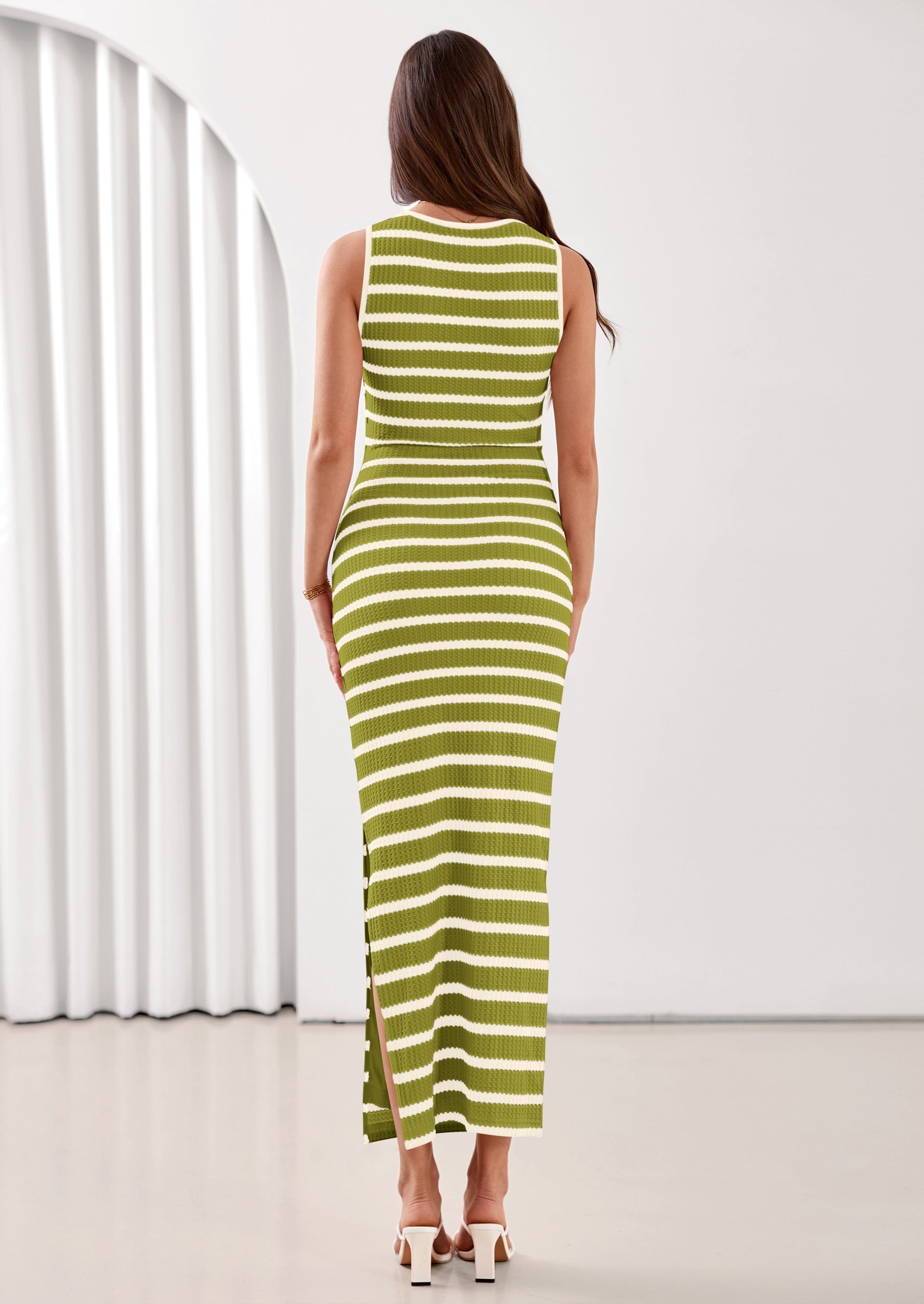 PRETTYGARDEN Sundresses for Women Summer Striped Knit Side Slit Spring Fashion Bodycon Maxi Dress Beach Vacation Clothes PRETTYGARDEN