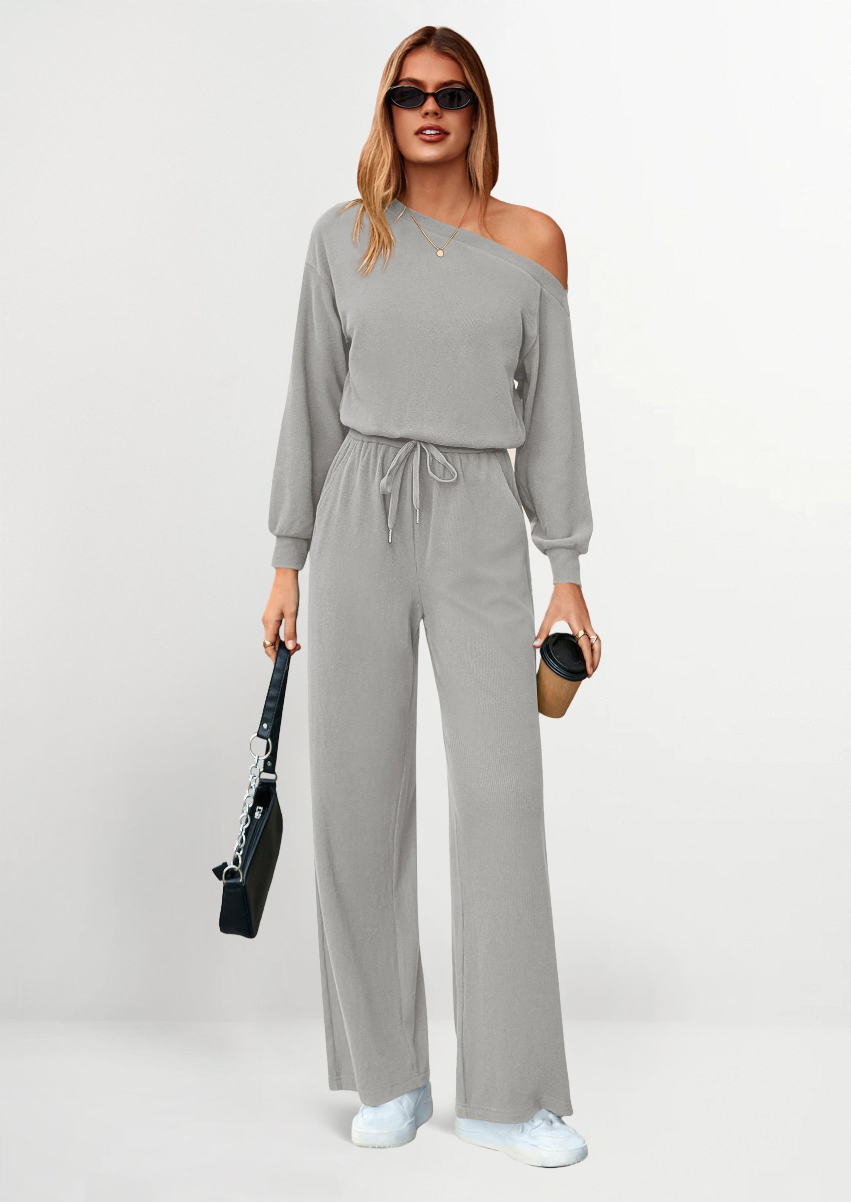 PRETTYGARDEN Long Sleeve Jumpsuit For Women Dressy Off Shoulder One Piece Loose Wide Leg Jumpsuits Casual Flowy Romper