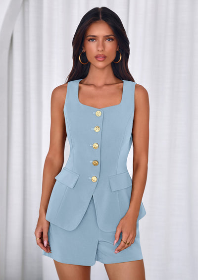 PRETTYGARDEN Womens 2 Piece Matching Sets Fashion Button Down Suit Vest Tops Shorts Set Spring Business Casual Outfits PRETTYGARDEN