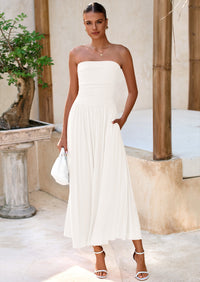 BTFBM Summer Maxi Dresses for Women Strapless Ruched Tube Top Beach Vacation Spring Wedding Guest Dress Pockets PRETTYGARDEN