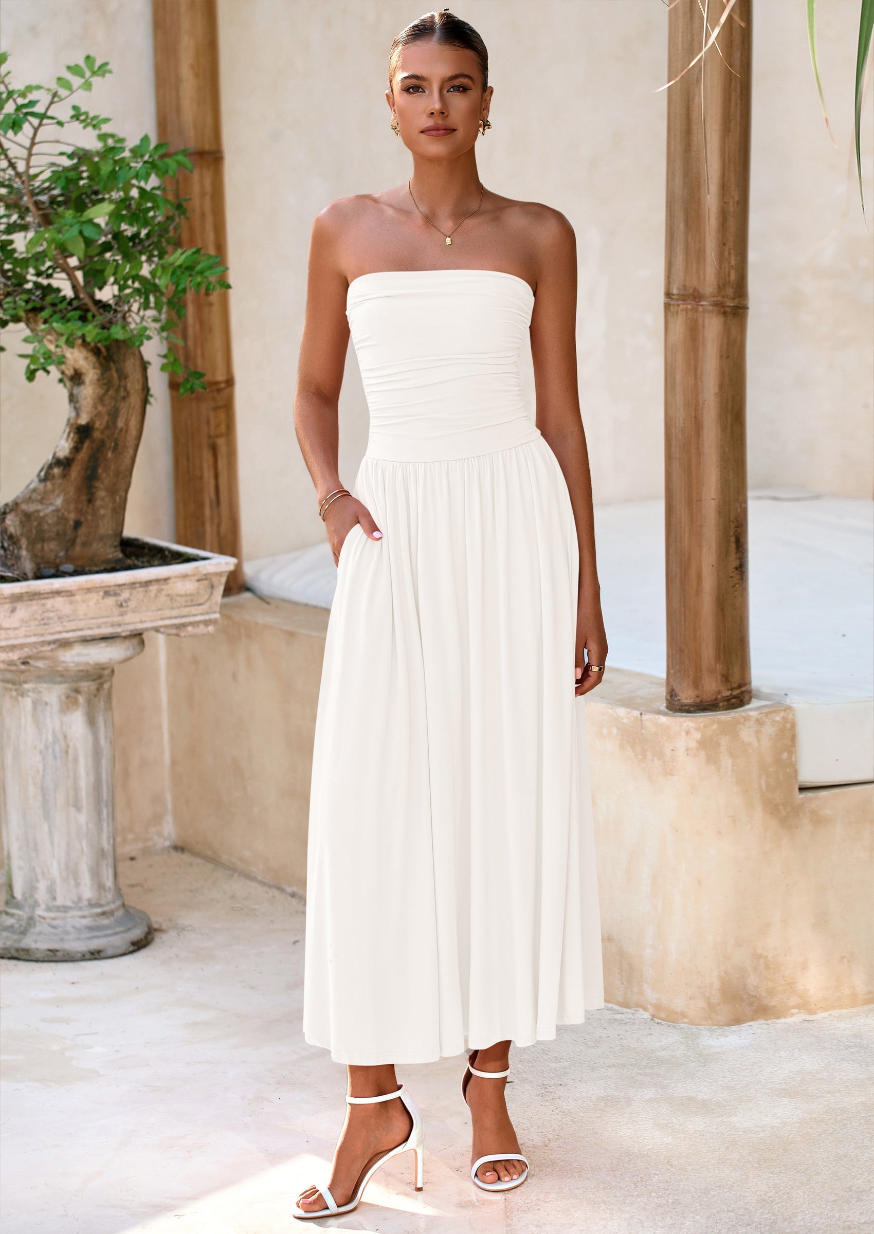 BTFBM Summer Maxi Dresses for Women Strapless Ruched Tube Top Beach Vacation Spring Wedding Guest Dress Pockets PRETTYGARDEN