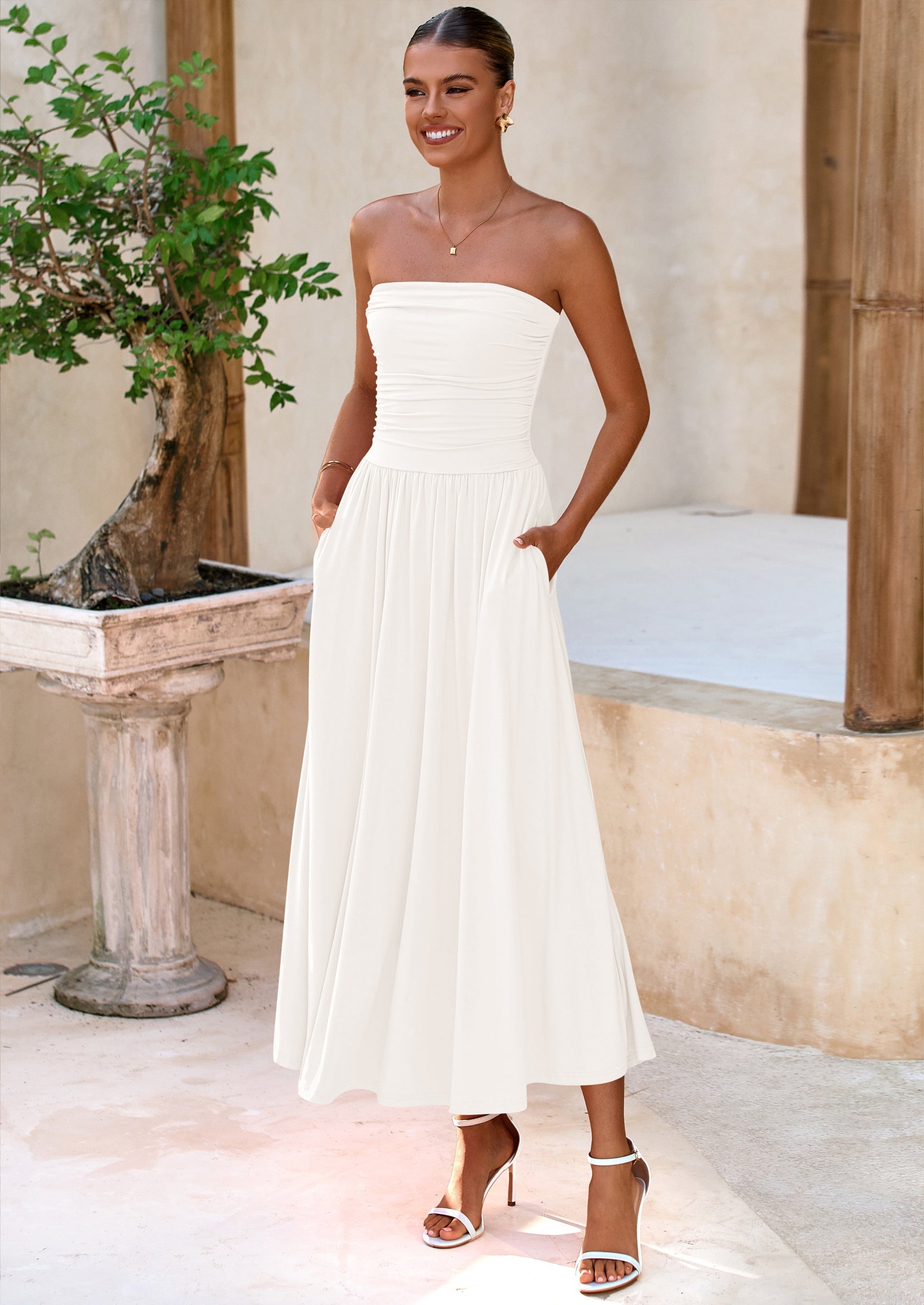 BTFBM Summer Maxi Dresses for Women Strapless Ruched Tube Top Beach Vacation Spring Wedding Guest Dress Pockets PRETTYGARDEN