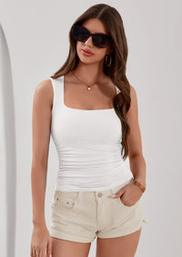 PRETTYGARDEN Tank Top for Women Summer Sleeveless Square Neck Double Lined Ruched Crop Tops Spring Going Out Y2k Clothes PRETTYGARDEN