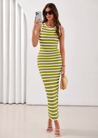 PRETTYGARDEN Sundresses for Women Summer Striped Knit Side Slit Spring Fashion Bodycon Maxi Dress Beach Vacation Clothes PRETTYGARDEN