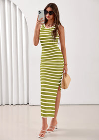 PRETTYGARDEN Sundresses for Women Summer Striped Knit Side Slit Spring Fashion Bodycon Maxi Dress Beach Vacation Clothes PRETTYGARDEN
