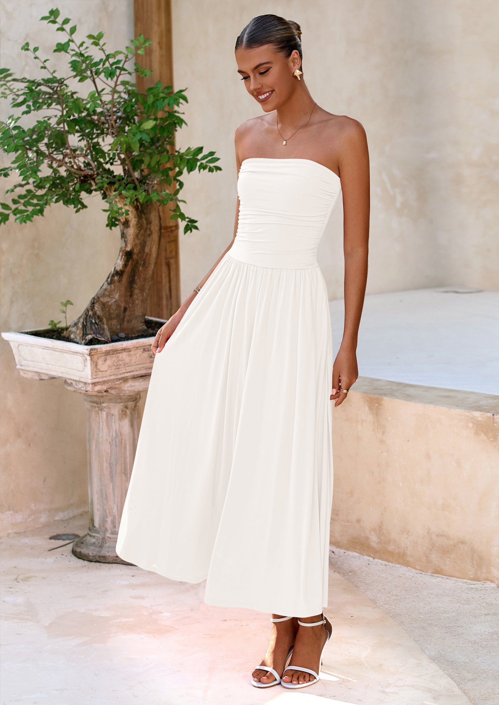 BTFBM Summer Maxi Dresses for Women Strapless Ruched Tube Top Beach Vacation Spring Wedding Guest Dress Pockets PRETTYGARDEN