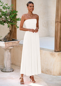 BTFBM Summer Maxi Dresses for Women Strapless Ruched Tube Top Beach Vacation Spring Wedding Guest Dress Pockets PRETTYGARDEN