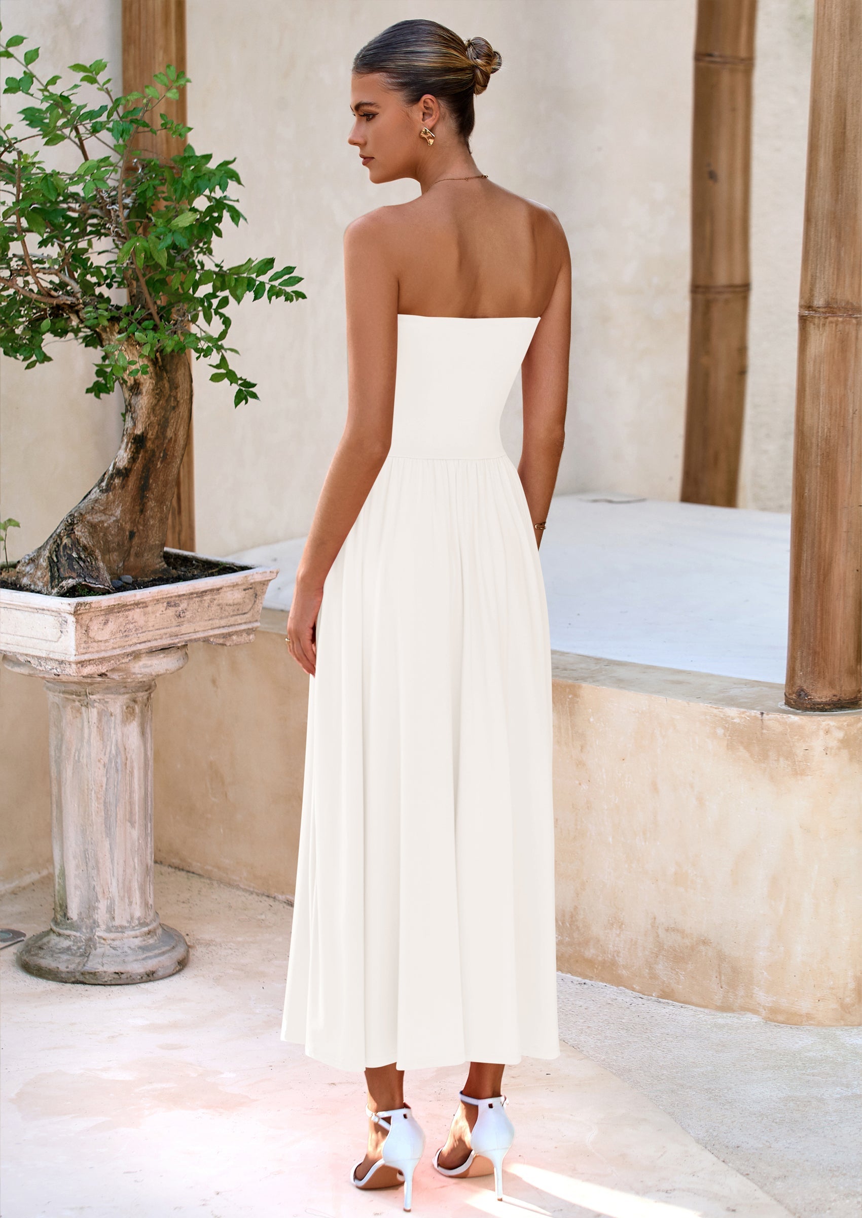 BTFBM Summer Maxi Dresses for Women Strapless Ruched Tube Top Beach Vacation Spring Wedding Guest Dress Pockets PRETTYGARDEN