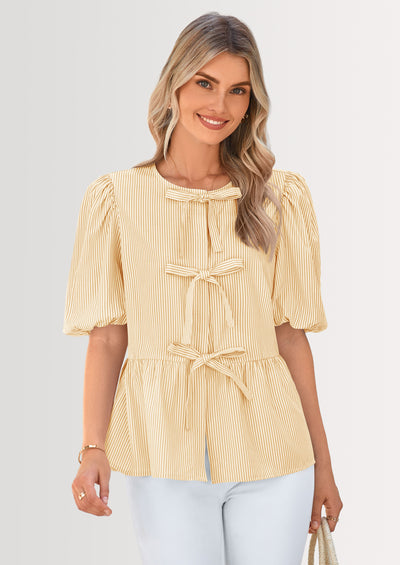 PRETTYGARDEN Women's Tie Front Striped Shirt Summer Trendy Fashion Cute Babydoll Tops Peplum Puffy Sleeve Blouse