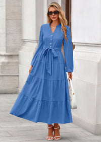 PRETTYGARDEN Fall Dresses for Women Long Sleeve V Neck Belted Ruffle A Line Flowy Boho Maxi Wedding Guest Dress Pockets