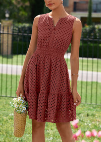 PRETTYGARDEN Women's Summer Dresses Sleeveless V Neck Eyelet Hollow Out Swing A Line Beach Vacation Sun Dress