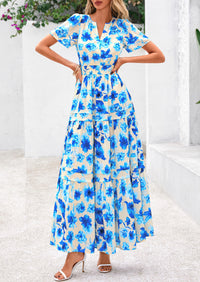 Summer Boho Floral Short Sleeve V Neck A Line Tiered Ruffle Flowy Long Beach Vacation Maxi Dresses