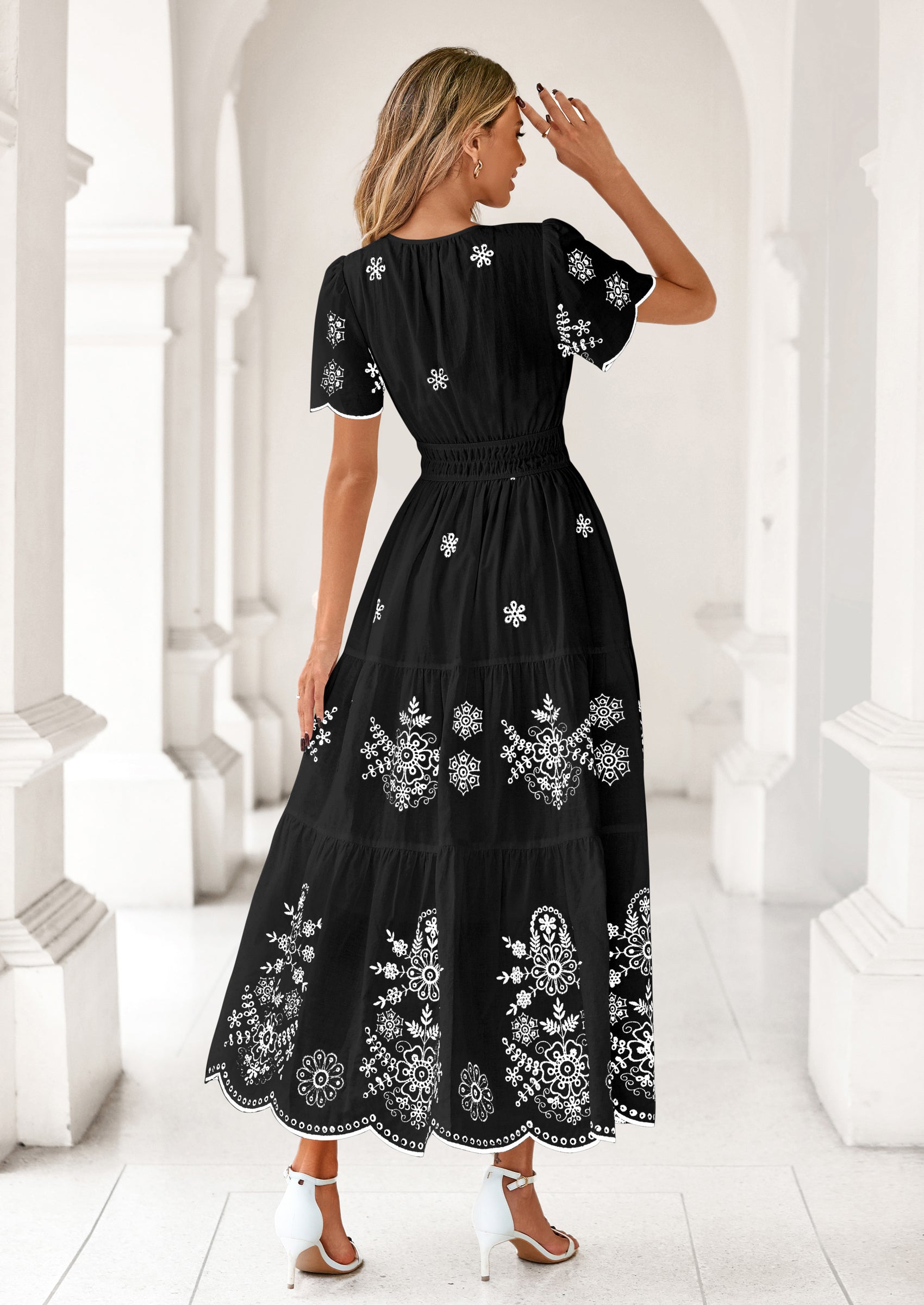 PRETTYGARDEN Boho Dresses for Women Summer Spring Casual Floral Short Sleeve V Neck Maxi Elastic Waist Dress Pockets PRETTYGARDEN