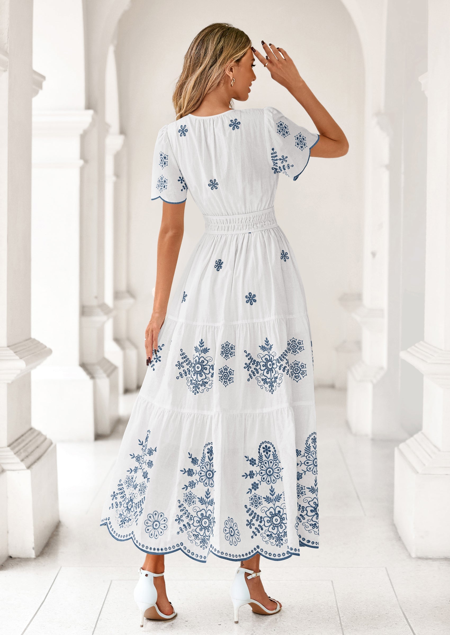 PRETTYGARDEN Boho Dresses for Women Summer Spring Casual Floral Short Sleeve V Neck Maxi Elastic Waist Dress Pockets PRETTYGARDEN