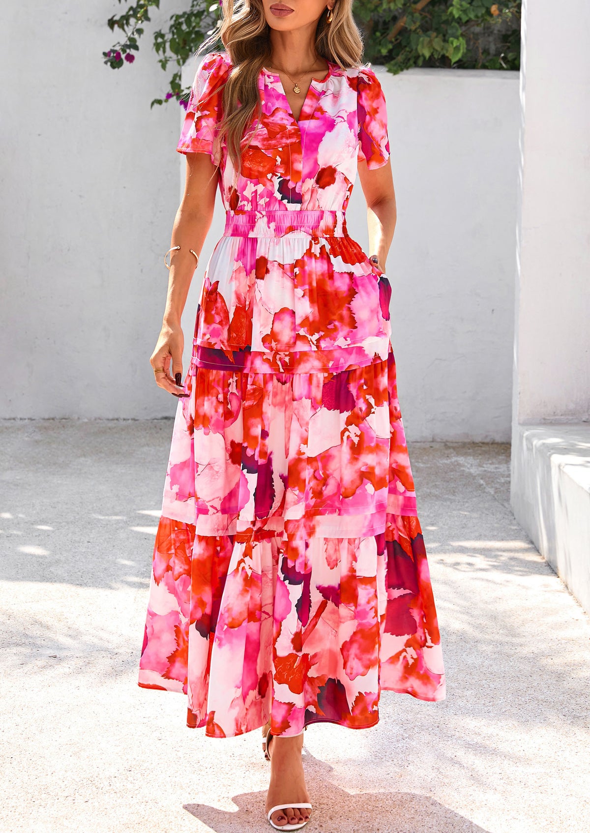 Summer Boho Floral Short Sleeve V Neck A Line Tiered Ruffle Flowy Long Beach Vacation Maxi Dresses