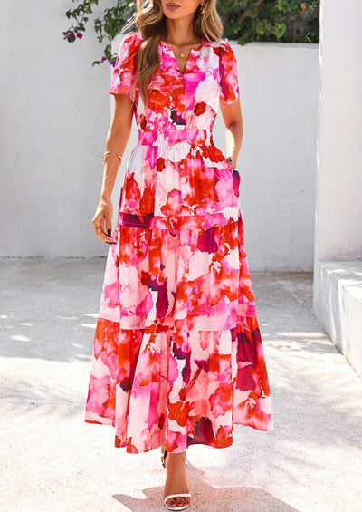 PRETTYGARDEN Women's Boho Maxi Dresses Floral Short Sleeve V Neck A Line Tiered Flowy Long Beach Vacation Dress