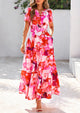 Summer Boho Floral Short Sleeve V Neck A Line Tiered Ruffle Flowy Long Beach Vacation Maxi Dresses