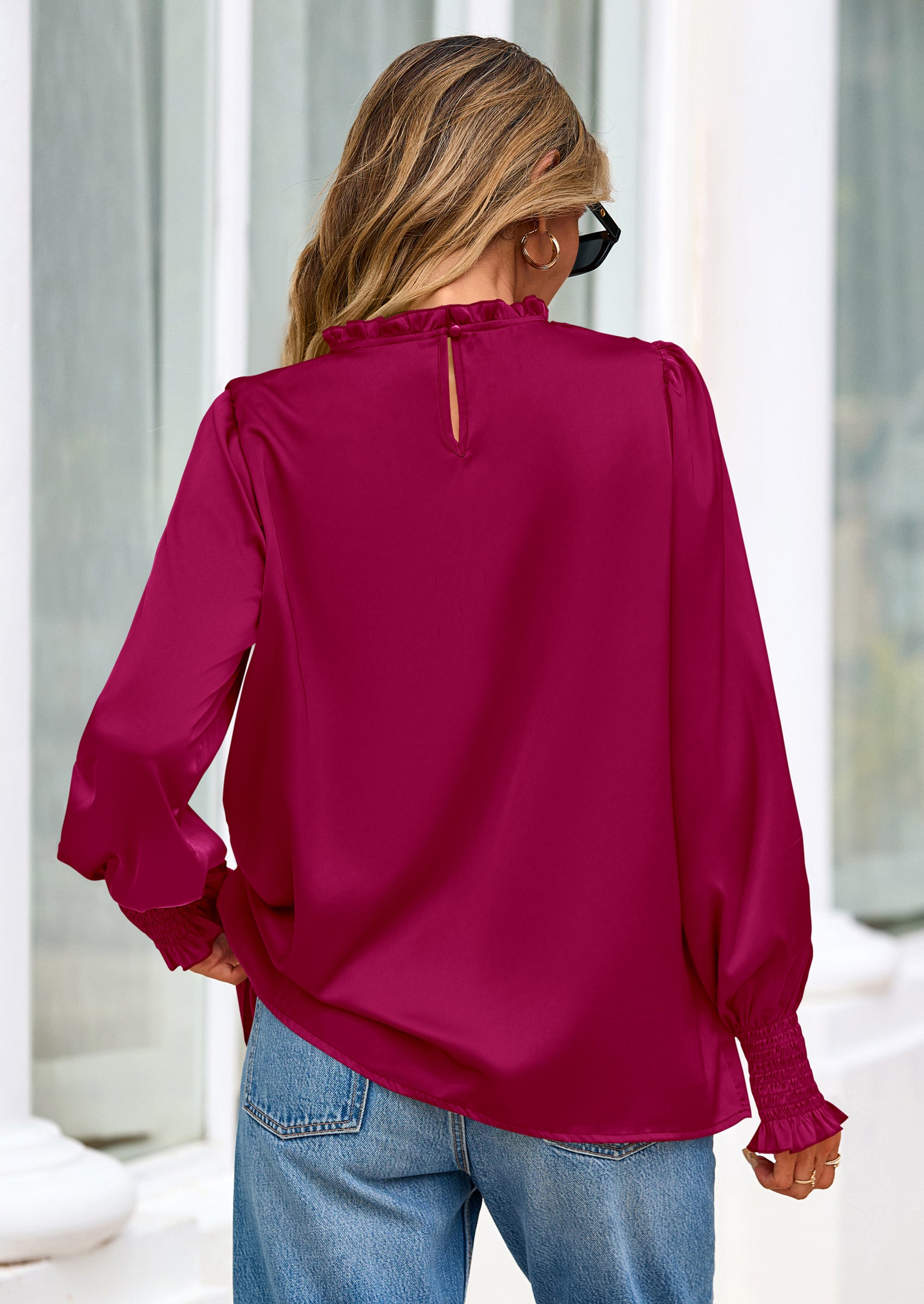 PRETTYGARDEN Blouses for Women Dressy Casual Fall Outfits Frill Neck Long Sleeve Shirts Satin Work Business Casual Tops