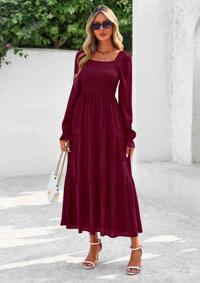 PRETTYGARDEN Fall Wedding Guest Dresses for Women Floral Long Sleeve Smocked Tiered Elegant Long Flowy Boho Dress