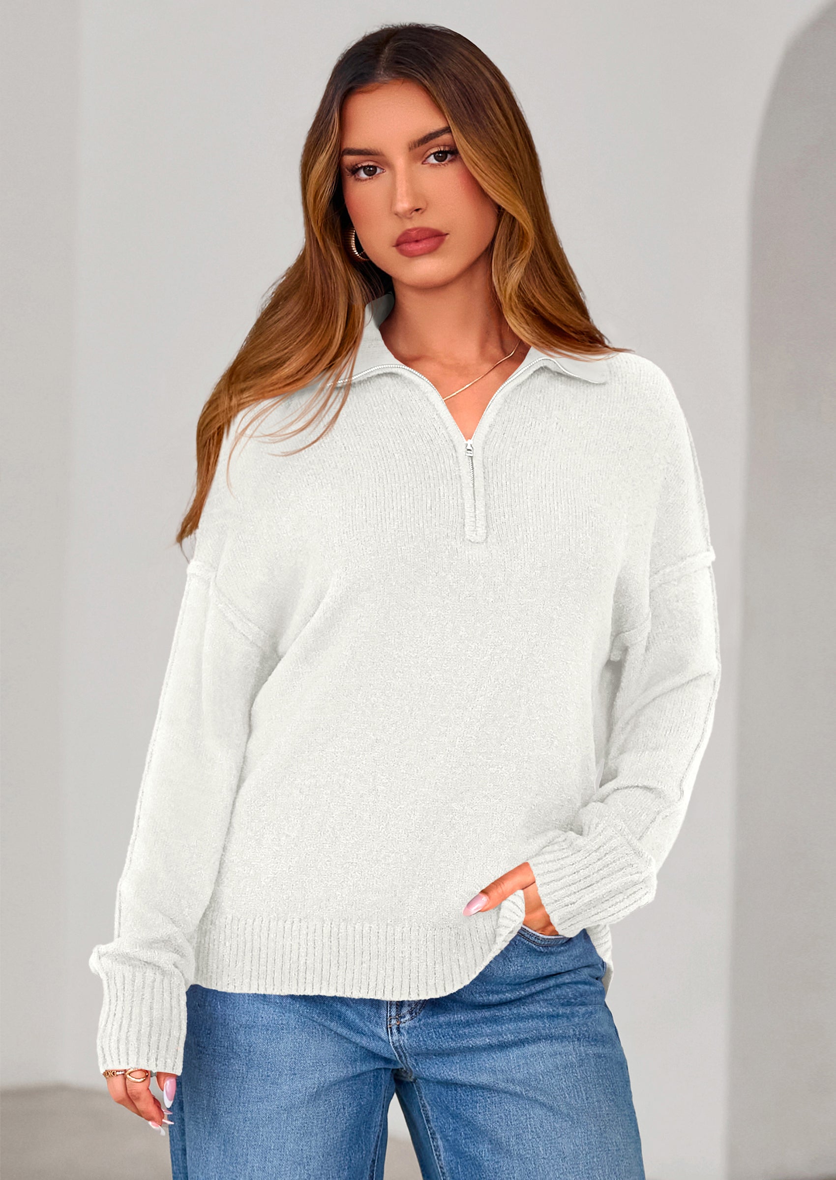 PRETTYGARDEN Womens Sweaters Quarter Zip Pullover Early Fall Fashion Long Sleeve V Neck Collared Knit Winter Jumper Tops