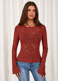 PRETTYGARDEN Womens Lace Long Bell Sleeve Tops Fall Sexy See Through Sheer Floral Blouse Shirt Fitted Going Out Outfits