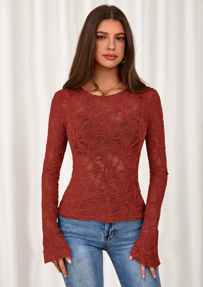 PRETTYGARDEN Womens Lace Long Bell Sleeve Tops Fall Sexy See Through Sheer Floral Blouse Shirt Fitted Going Out Outfits