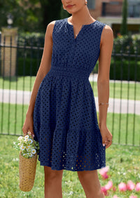 PRETTYGARDEN Women's Summer Dresses Sleeveless V Neck Eyelet Hollow Out Swing A Line Beach Vacation Sun Dress