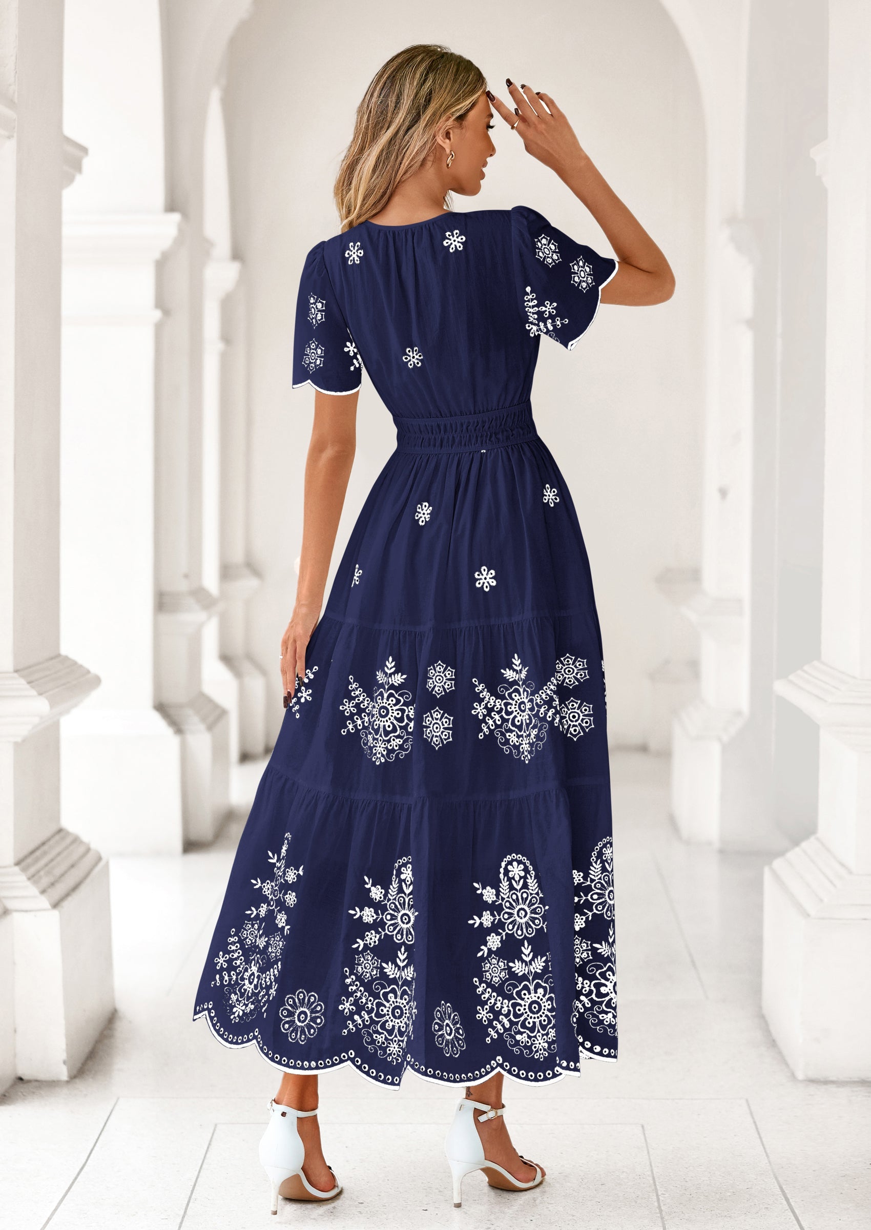 PRETTYGARDEN Boho Dresses for Women Summer Spring Casual Floral Short Sleeve V Neck Maxi Elastic Waist Dress Pockets PRETTYGARDEN