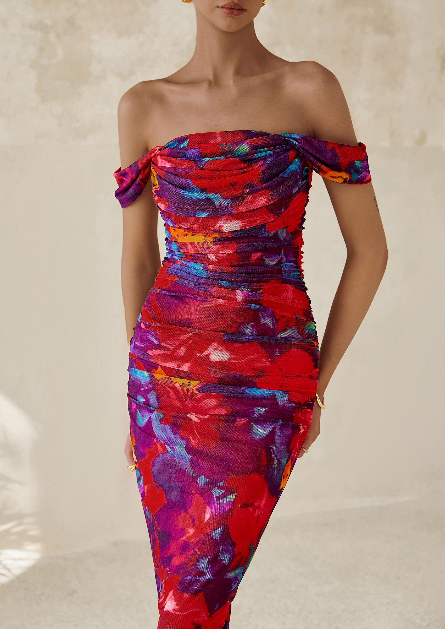 PRETTYGARDEN Maxi Dresses for Women Summer Elegant Floral Off Shoulder Ruched Mesh Cocktail Wedding Guest Dress